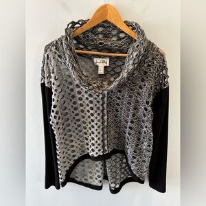 Joseph Ribkoff High-Low Open Knit Sweater Size 14 Holes Cowl Neck Grey Black
